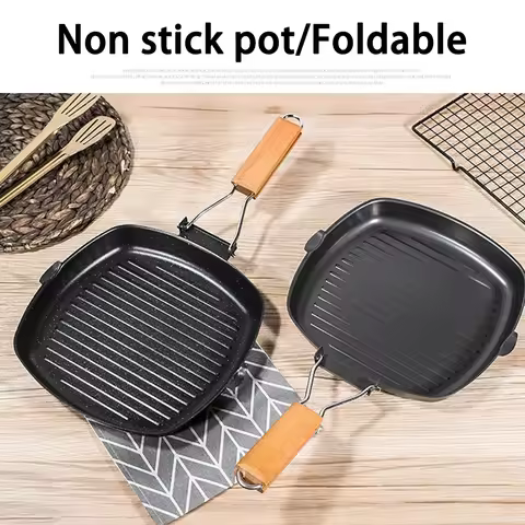 Nonstick Grill Pan for Steak, Versatile Frying Pan with Woodle Handle,Foldable Handle Square Grill P