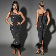C6666 Fashionable Women's One-Shoulder Mesh Hot Diamond Feather Bandage Dress
