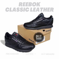 100% BNIB Sepatu Sneakers Casual Kasual Pria-reebok-Classic Leather Triple Full Black hitam polos Si