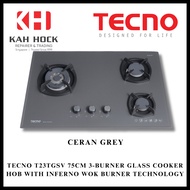 TECNO T23TGSV 75CM 3-BURNER GLASS COOKER HOB WITH INFERNO WOK BURNER TECHNOLOGY + 1 YEAR WARRANTY