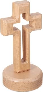 Veemoon Standing Wood Cross Decor with Base, Rustic Table Centerpiece Crucifix Ornament Wooden Hollo