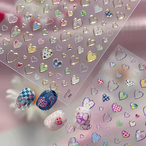 Silver-embossed Heart-shaped Nail Stickers Valentine's Day Colorful Checkered Nails Art Sticker Deco
