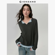 GIORDANO Women T-Shirts Fake 2-Piece Contrasting Tee V-Neck Long Sleeve Lettuce Edge Long Sleeve Fas