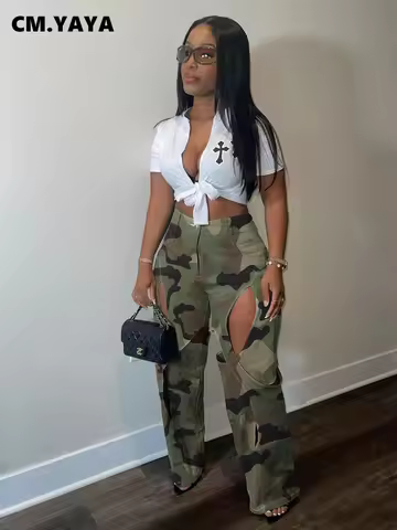 CM.YAYA Fashion women camouflage cutout cross criss straight cargo pants 2023 autumn winter safari s