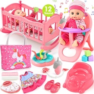 Golray 12in Girl Baby Doll Crib and High Chair Set - Sound&Pee Interactive Baby Doll with 20pcs Acce