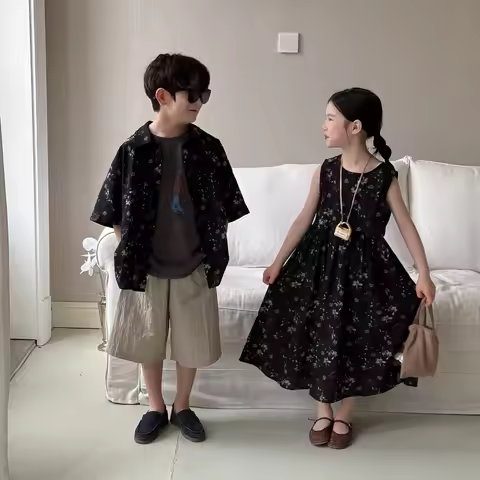 Summer Children Siblings Attire Muslin Floral Print Kids Baby Girl Sling Dress Casual Fit Matching T