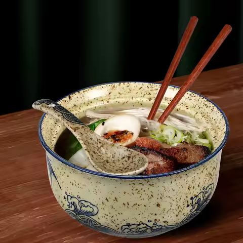 1Set Ceramic Ramen Bowl Set Suitable Size Lid Chopsticks Spoon Instant Noodle Soup Serving Bowl Rame