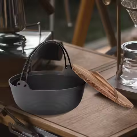 Nabe Sukiyaki Pot Shabu with Wooden Lid Camping Pot Stewpot Hanging Stew Souppot Cast Iron Round Out