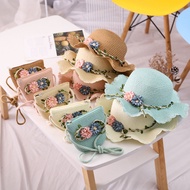 2020 Summer Fresh Sunshade Straw Hat Parent-Child Style Wave Roll Cute Small Bag Bow Bucket Hat 9L2I