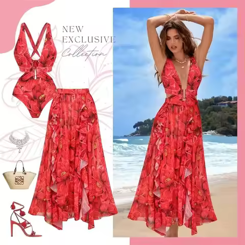 Floral Print Two Piece Swimsuit Set Blooming Red Flower Vacation One Piece Set Swimwear Bathing Suit