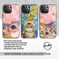 Glossy Glass Softcase Oppo A5 A3X A16 A31 A55 A78 4G RENO 4 RENO 8 RENO 12F Cats G274X Case Premium 
