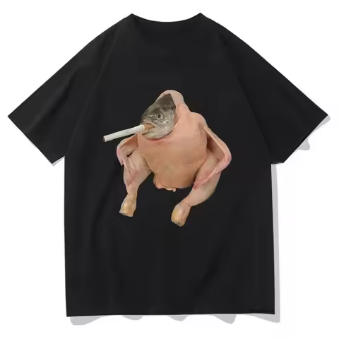 Women Clothing Harajuku Tee Graphic Tee Fish Face Chicken Smoking A Cigarette Meme Top Funny Tee Aes