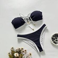 Women's Textured Fabric Contrast Color Bandeau Bikini Set,Black,Summer,Cute,Boat Trip,Holiday Beach 