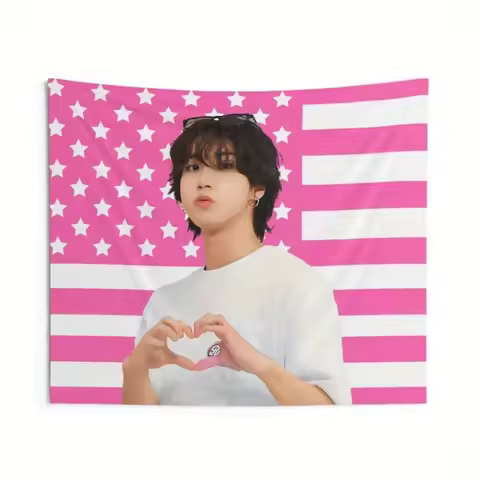 1pc Han Jisung "Finger Heart" Tapestry Pink American Flag Design with Young Man Making Heart Gesture