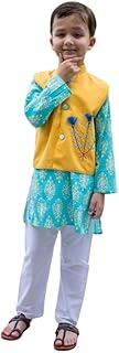 Kids Baju Raya for Eid, Racial Harmony, Deepavali Ethnic Wear Costume Embroidered Aqua Yellow Kurta Pajama Jacket set
