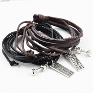 Multilayer Pu Leather Braided Dumbbell Pendant Bracelet Dumbbell Rectangle Lettering Bracelet