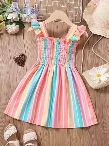 Girls' striped parallel pleated ruffle A-line dress, the latest summer suspender casual rainbow dres