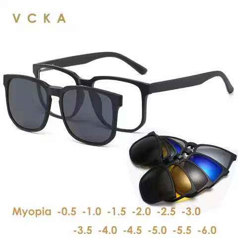 VCKA Retro 5+1 Polarized Myopia Clip Sunglasses Eyeglasses Frame Men Women Five Magnet Set Mirror 0 