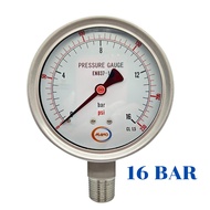 MANO Pressure gauge 16 Bar (230 psi) Dial Size 4 inch Accuracy 1.5% Material Stainless connector 1/2