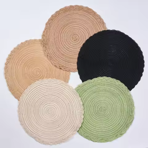 Round Woven Placemats with Lace Trim, 29.97 cm - Solid Color Options, Retro Style Kitchen Table Deco