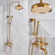 Polished Gold Brass Exposed Shower Faucet Set 8 Inch Rainfall Head Handheld Spray Tub Spout Triple Functions Wall Mount Shower Fixture 2 Cross Handle Bathroom ZD3095