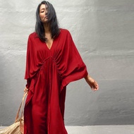 Front Backside Deep V-Neck Kaftan Women Elegant Muse Dresses Red Color Casual Party Caftan Drawstring At Waist Design Robe Chic Baju Kelawar Muslimah Dresses