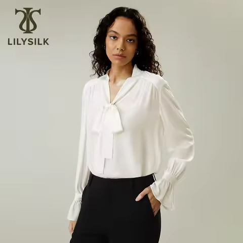 LILYSILK Women's Silk Blouse Ladies V-neck Ribbon Top with Pleated Cuffs and Bow Tie for Everyday We