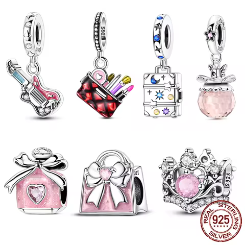 925 Sterling Silver Cosmetic Bag Guitar Perfume Bottle Charms Beads Fit Original Bracelet DIY Jewelr