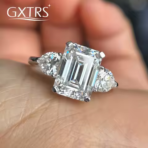 GXTRS 4.5CT Emerald Cut Moissanite S925 Silver Ring For Women Men 3 Stone Lab Diamond Wedding Band G