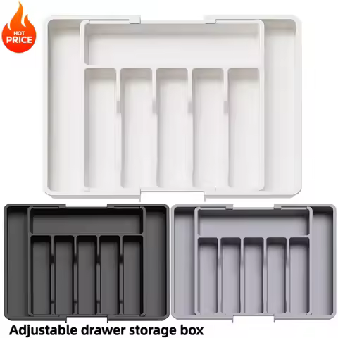 Silverware Drawer Organizer, Adjustable Expandable Utensil Tray, Plastic Cutlery Storage for Flatwar