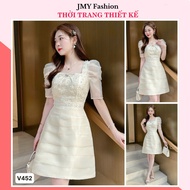 V452, RC430 Cream tafta dress mixed with chiffon with embossed flowers, square neck, puffed sleeves 