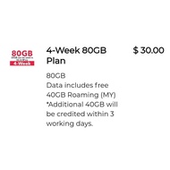 Singtel Prepaid $30 Plan – 80GB Local + 40GB Malaysia Roaming | 4-Week Top-Up