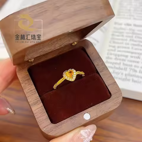 Women's 24K Gold AU999 Zircon & Yellow Diamond Inlaid Open Heart Ring 3D hollow design with dazzling