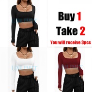 Buy 1Take 2 & Buy 1Take 1 Double Lining Square Neck Long Sleeves Top Body Hugging Top Cotton Spandex