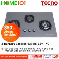 Tecno Glass Cooker Hob 3 Burners T3388TGSV - Nardo Grey - LPG / PUB - FREE INSTALLATION