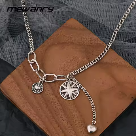 Mewanry Six-Pointed Star Heart Pendant Silver Color Necklace for Women Fashion Party Thai Silver Jew