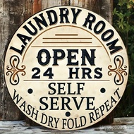 1pc Retro Round Aluminum Laundry Sign - Vintage Self Serve 24 Hrs Open Wall Art for Home, Bar, Cafe 