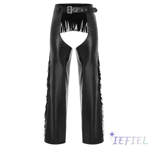 Mens Western Motorcycle Chaps Faux Leather Fringed Chap Pants with Cutout Sides Zipper Tassels for H