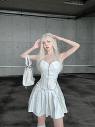 Amelia White Leather Set - Set Áo Corset mix Chân váy xoè chất liệu da bóng siết eo tôn dáng (Ảnh Fe