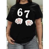 Plus Size, Women's Funny 67 Meme Number Joke T-Shirt - Casual Short Sleeve Round Neck Top with 6 & 7