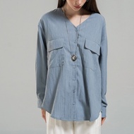 This Is April Hemera Top: Trendy Long-Sleeved V-neck Women's Top Olive and Blue