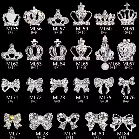 MN55-84 10 pcs 3D Metallic Rhinestone nail studs / Crown/Bow bling Clear crystal design charm Nail d