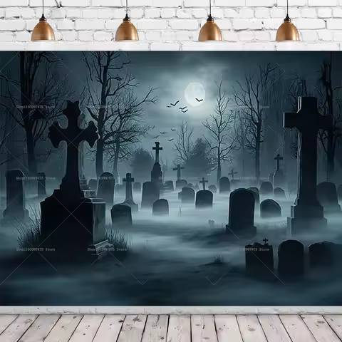 Halloween Theme Backdrop Night Full Moon Gloomy Woods Horrible Cemetery Photography Background Hallo