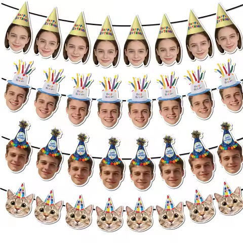 Custom Birthday Photo Banner Personalized Birthday Hat Pattern Bunting Banner for Happy Birthday Par