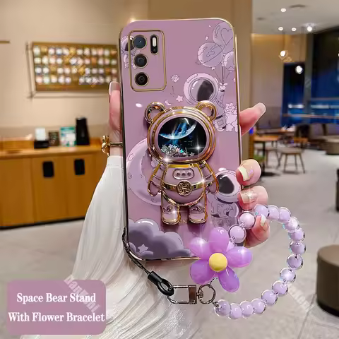 A54S Lucky Astronaut Holder Bracelet Plating Phone Case For Oppo A54S A54 A57 A55 A77 A79 A31 A83 A5