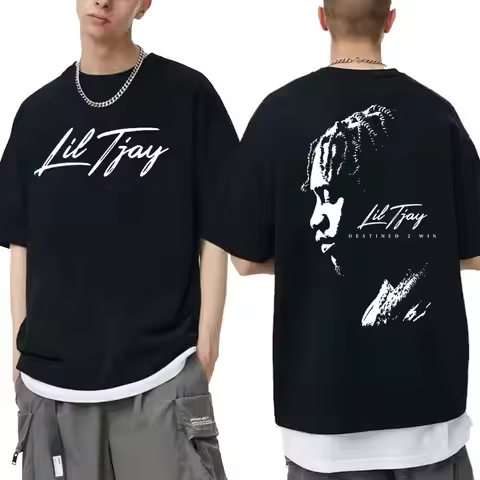Rapper Lil Tjay Destined 2 Win Double Sided Print T-shirt Men's Black Cotton Tshirt Men Women Fashio