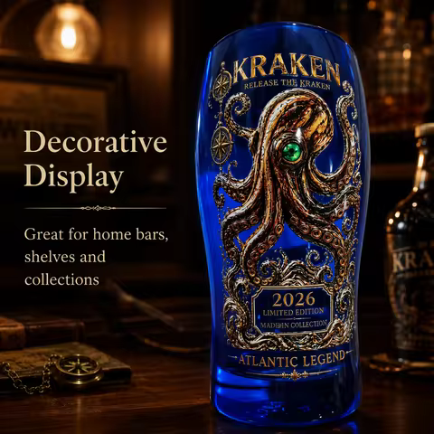 Kraken Atlantic Legend 2026 Limited Edition Glass Tumbler, Blue Deep Sea Octopus Print Bar Cup for C