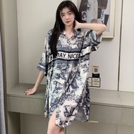 【40-85kg】现货 现发冰丝睡裙女2025年新款短袖网红高级感衬衫睡衣裙短裤家居套装Women's Ice Silk Nightgown 2025 New Short-Sleeve Trendy 
