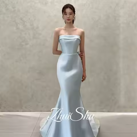 Baby Blue Strapless Evening Party Dress Mermaid Wedding Ball Gown A-line Korea Photo shoot Prom Dres