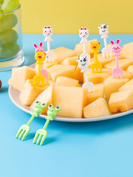 10 件隨機顏色卡通青蛙和水果叉,可愛動物蛋糕裝飾